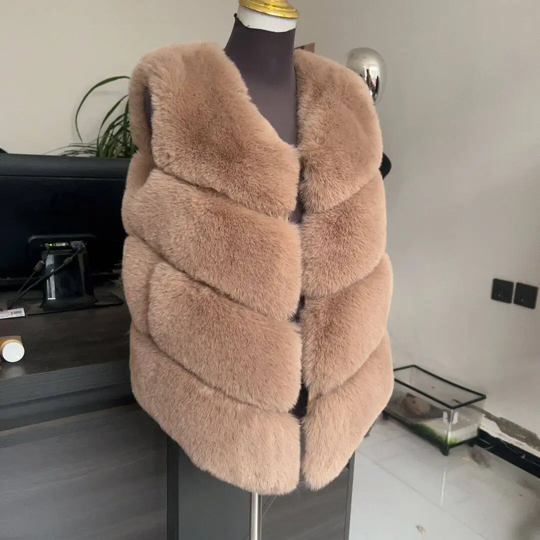 Blus Wanita Musim Dingin dengan Bulu Imitasi, Rompi Mantel Bulu, Jaket Tebal, Mantel Bulu Sintetis untuk Wanita, Rompi Bulu