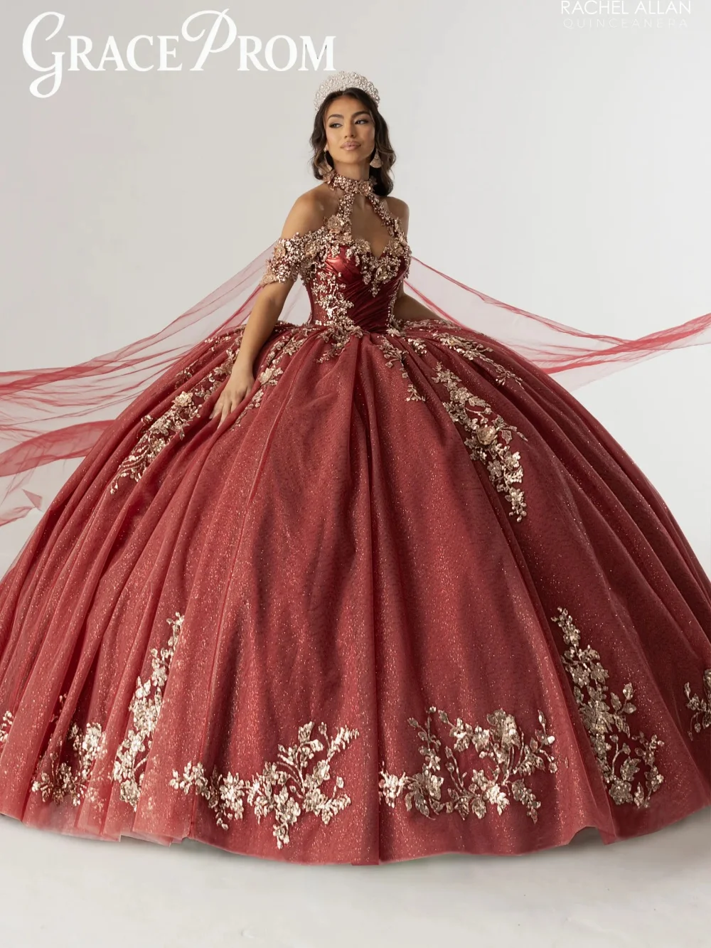 

Glamorous Burgundy Quinceanera Dress High Neck Off Shoulder Tulle Cape Gold Sequin Glitter Tulle Gown For Sweet 16 Celebration