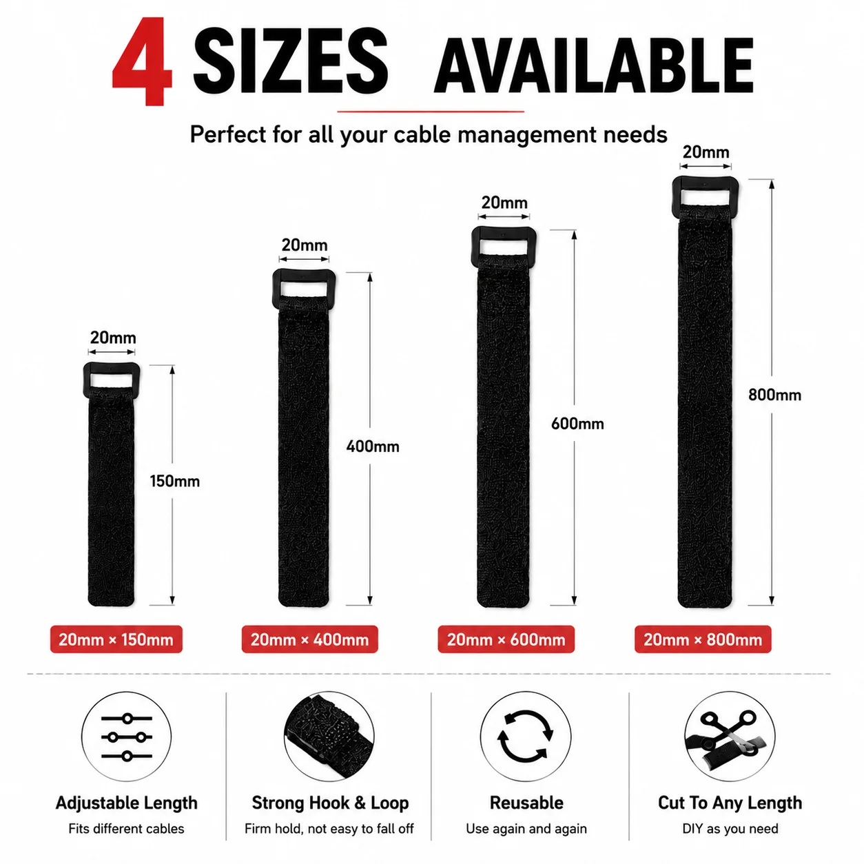 20mm Hook and Loop Cable Ties Reusable Cable Straps Adjustable Wire Organizer for Cable Management 10/20/100PCS Multiple Sizes