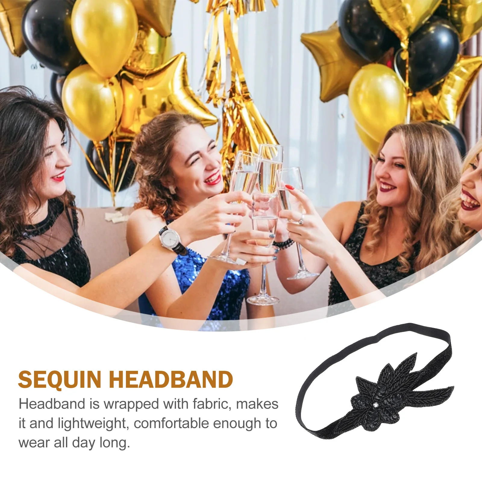 

Black Sequin Headband Lightweight Fabric-Wrapped Party Hair Accessory For Women Girls Birthday Valentine Gift Decor