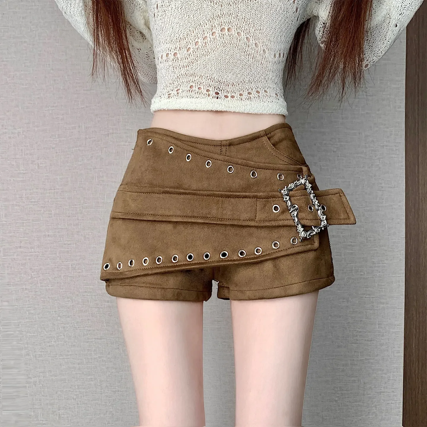 IMU Harajuku Punk Coquette Skirt Women Leopard Print Suede Fabric High Waist Grommet Rivet Belt Buckle Slim Fit Mini Skirt Outfi