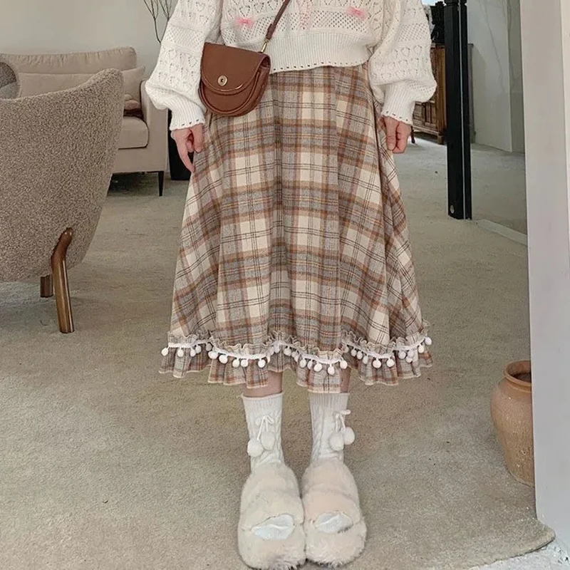 Retro Plaid Women Midi Skirt Fall Japanese Hairball Tassel High Waist Sweet Skirts Preppy Vintage A Line All Match Kawaii Skirt