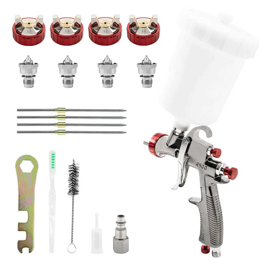 R500 LVLP Spray Gun with Adapter and Mixed Tanker Repair Paint Spray Gun 1.3/1.5/1.7/2.0mm Nozzle Spray Gun