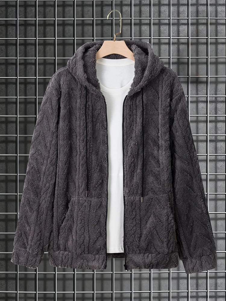 Stylish Mens Furry Fleece Hooded Jacket Coat Streetwear Men Vintage Drawstring Zip-up Cozy Hoodie 2026 Spring Fashion Outerwear