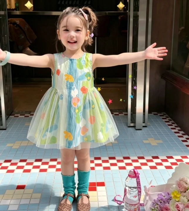 Girls Dress 2026 Spring and Summer New Childrens Clothes Girls Baby Beach Holiday Fresh Oil Painting Feeling Mesh Princess Dress