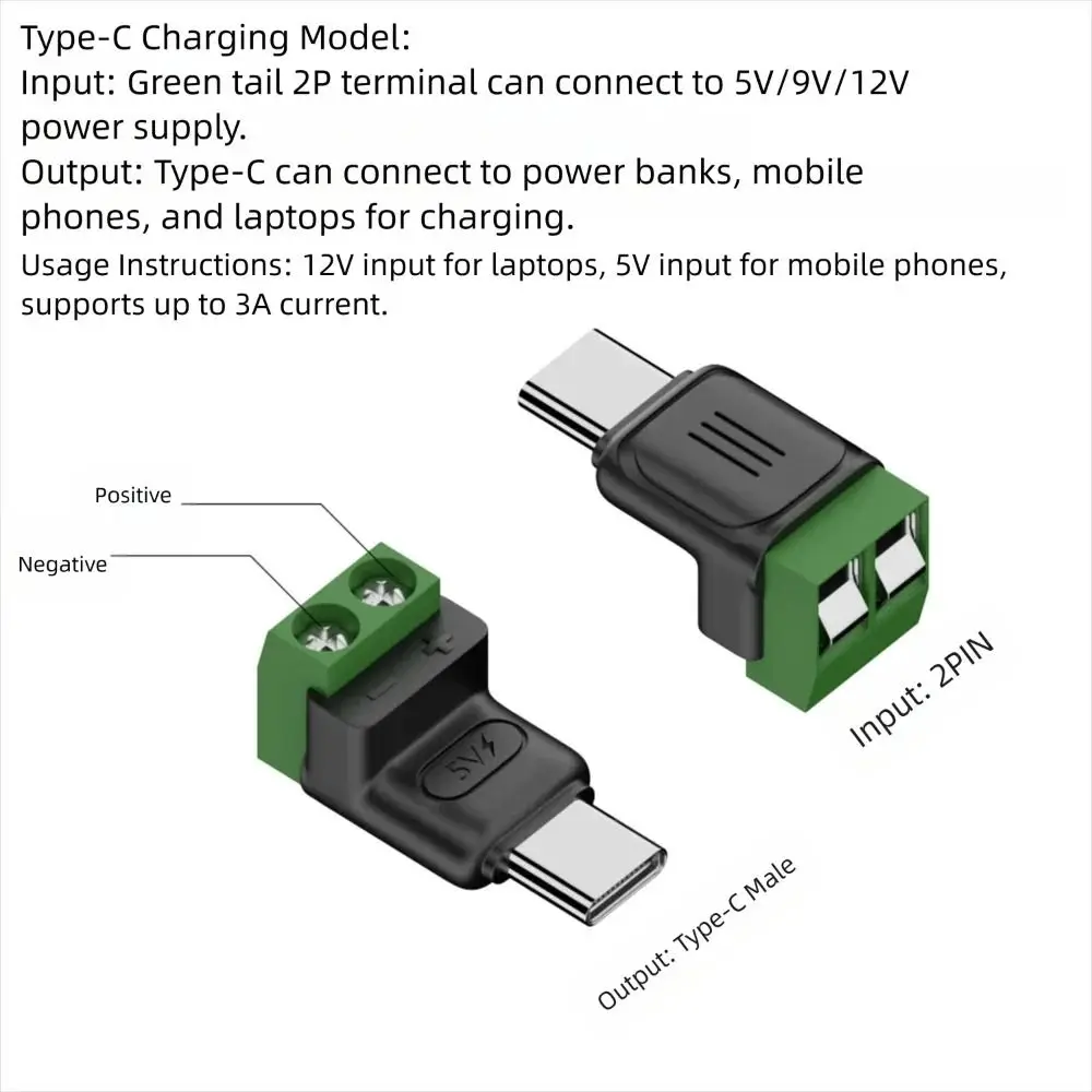 Type C to 2 Pin USB C to 2 Pin Adapter Crimp Terminal Quick Connector Type-C Male Adapter No Solder 5V Charging