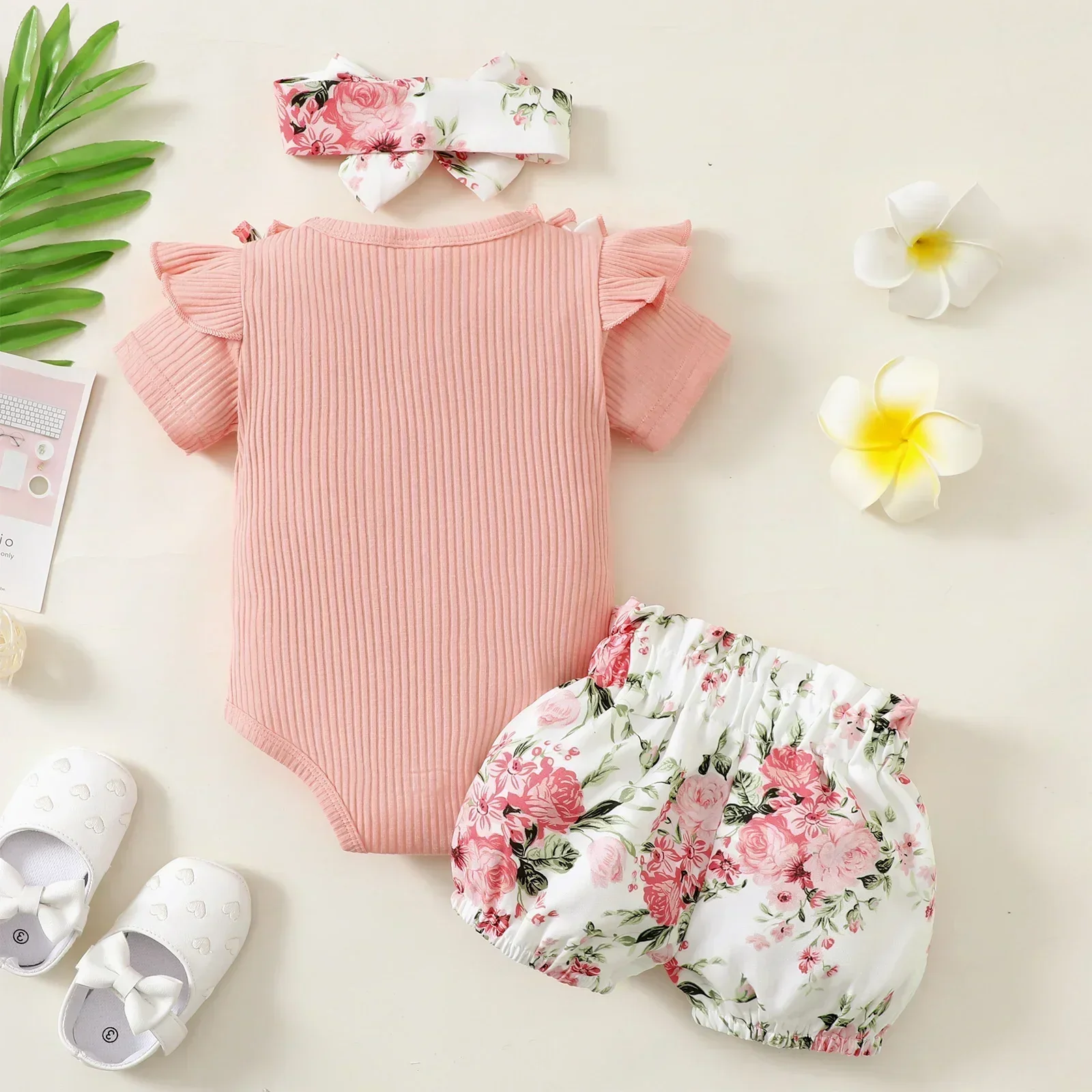 Conjunto de ropa de verano para niña recién nacida, Pelele de manga corta con volantes, Tops, pantalones cortos con estampado Floral, diadema,