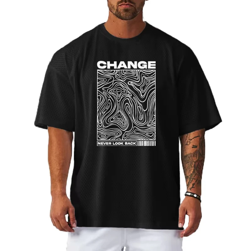 

3D Letter Printed Oversized Men's T-Shirt Gym Bodybuilding Muscle Short Sleeve Tops Man Sport Fitness Mesh Quick Dry Clothing