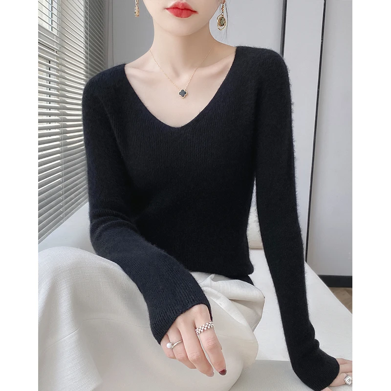 100% pure wool slim quality autumn and winter ladies V-neck sweater women\'s knitted pullover fashion solid color warm top.