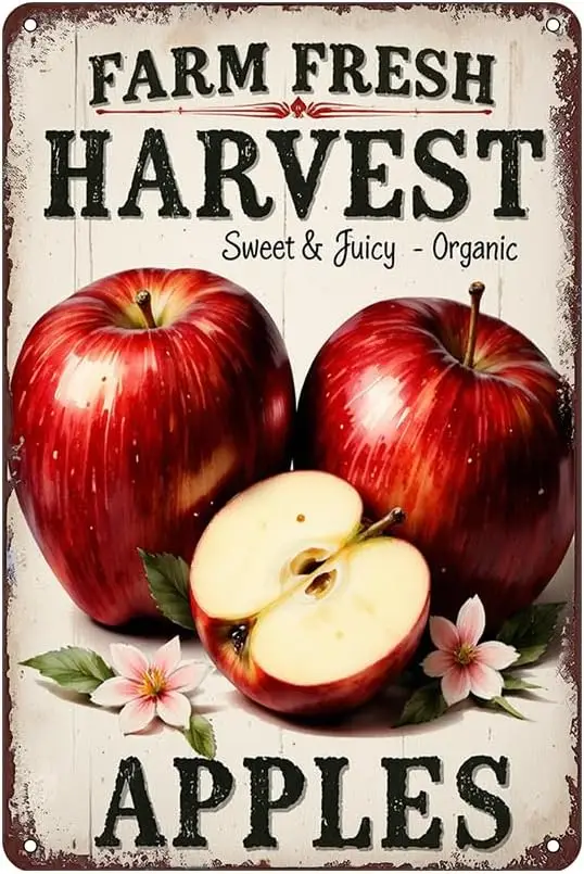 Apples Tin Sign - Tin Metal   Farm Fresh Harvest Vintage Rustic Wall Decor for Kitchen, Dining Room, Cafe, Farmers Market, Organ