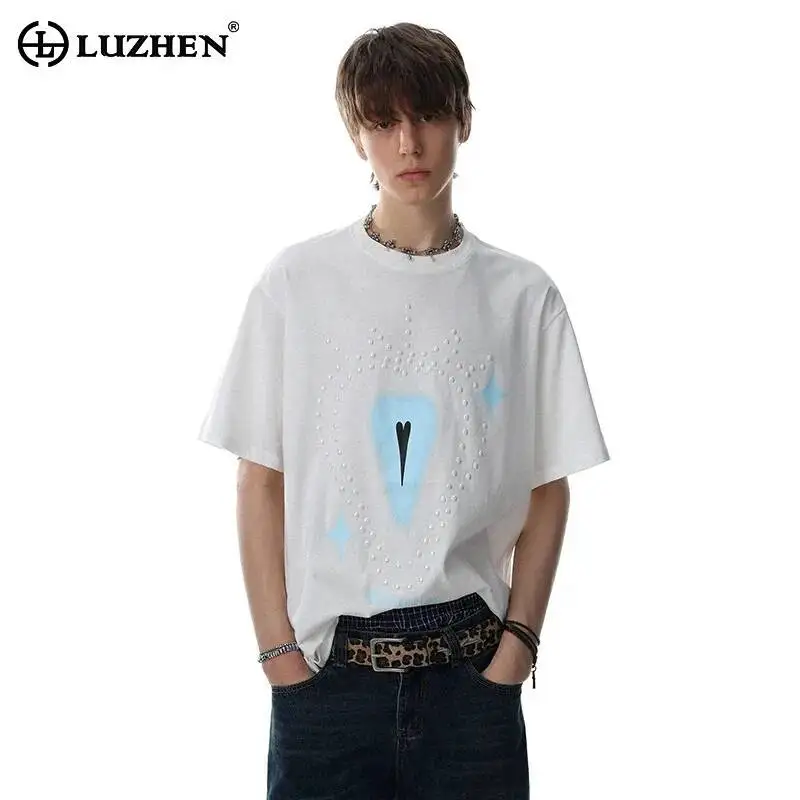 LUZHEN 2026 Summer Polka Dots Patchwork Decorate Printed Short Sleeve T-shirts Men's Fashion Loose Casual Tops Round Neck JY7769