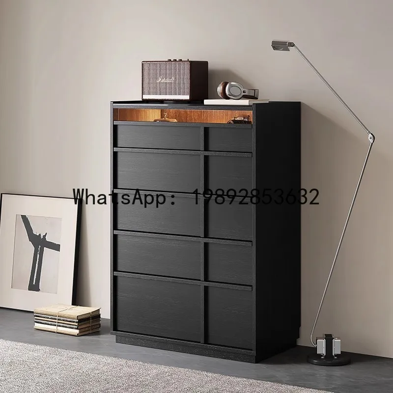 LYY Vintage Solid Wood Chest of Drawers Antique Bedroom Wall-Mounted Drawer Cabinet Skeleton Line Black Bedside Storage