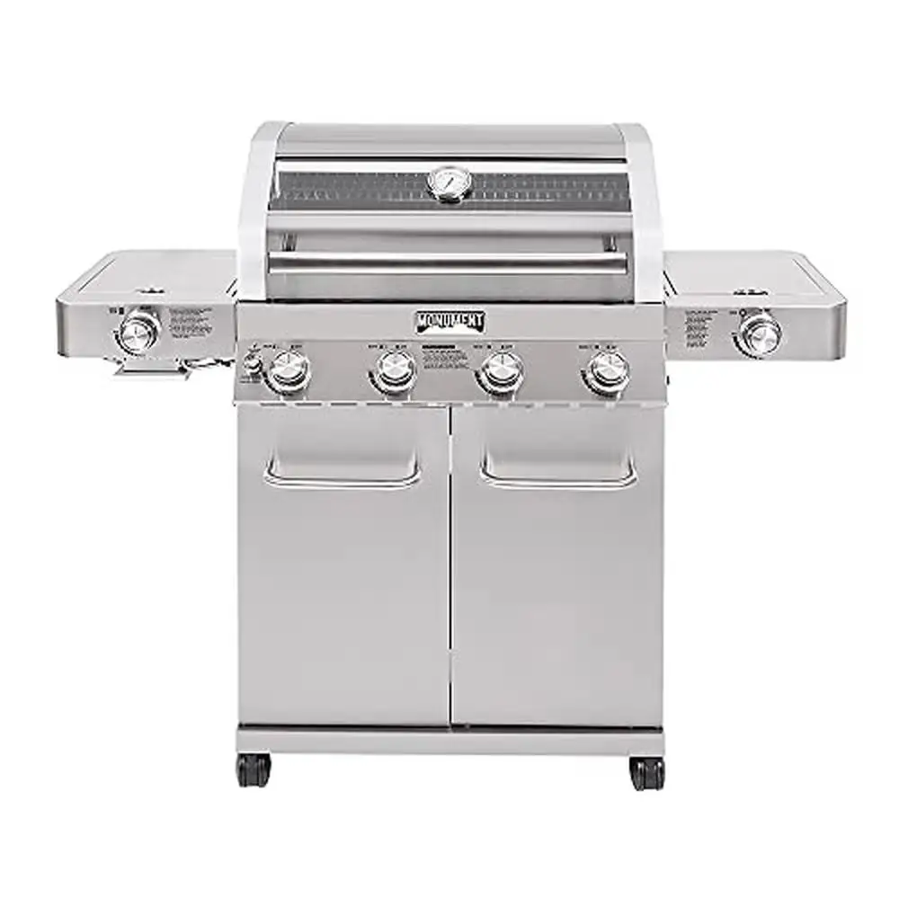 

Propane Gas Grill Stainless Steel 4-Burner Clearview Lid Infrared Knob Lights 72,000 BTU