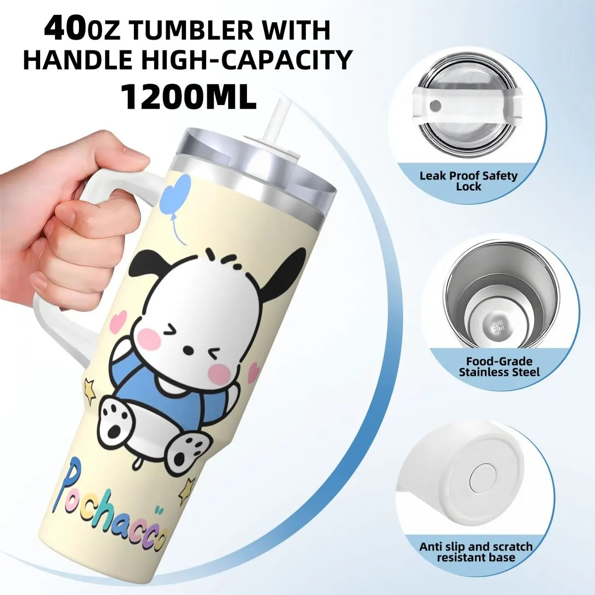 MINISO Pochacco Cartoon Stainless Steel Tumbler Travelist Car Mug 40oz Thermal Cups Keep Heat Cold and Hot Milk Tea Water Bottle