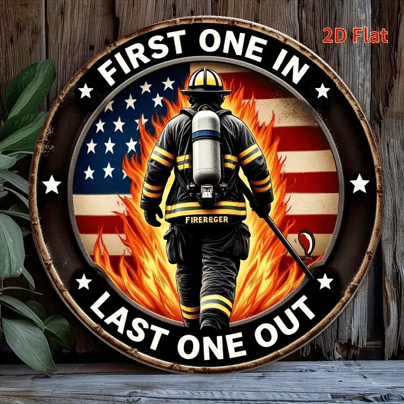 2D Flat, 1 Vintage Round Aluminum Firefighter Sign | 8.0x8.0inch, Wall Hanging Decor for Bedroom, Bathroom, Cafe, Garage,