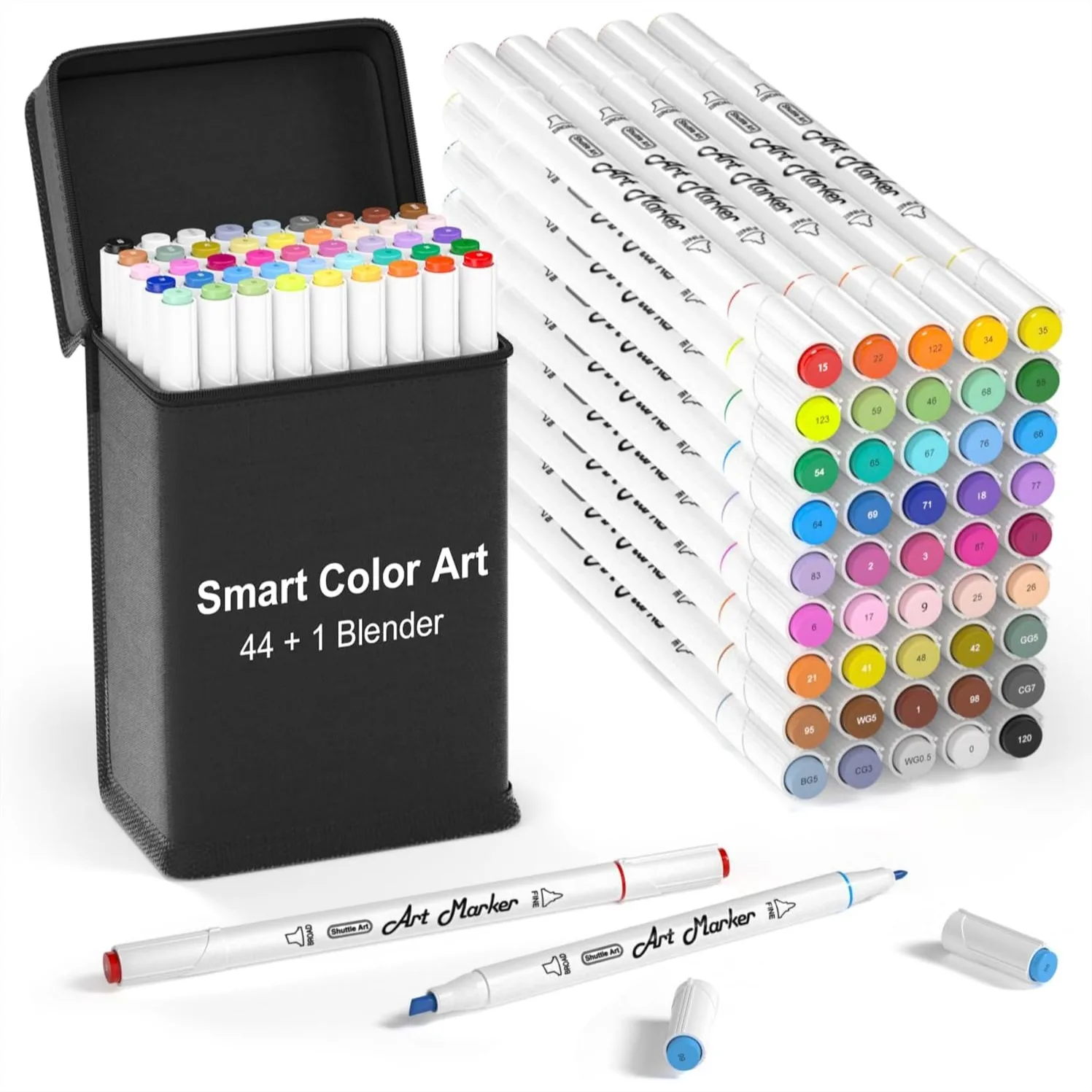 

45 Pack Alcohol Based Dual Tip Art Markers With Case, 44 Coloring Markers And 1 Blender, Permanent Highlighters For Drawing Sketching Adults Kids