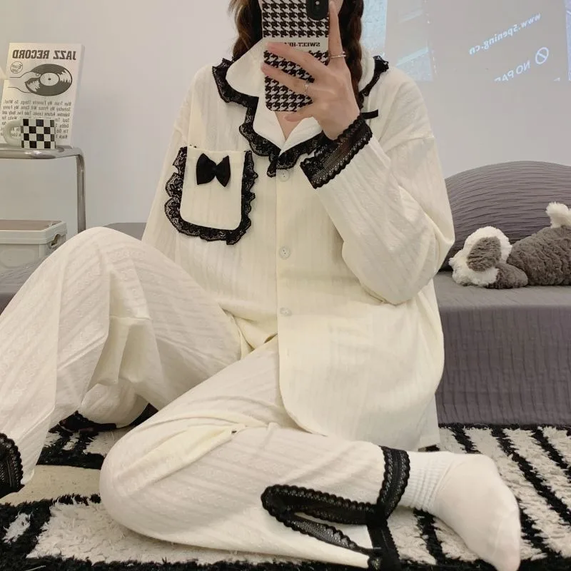 2023 New Pajama Women's Spring Autumn Solid Color Cotton Jacquard Cardigan Lapel Loose Fat Plus-size Set Lace Edge Loungewear