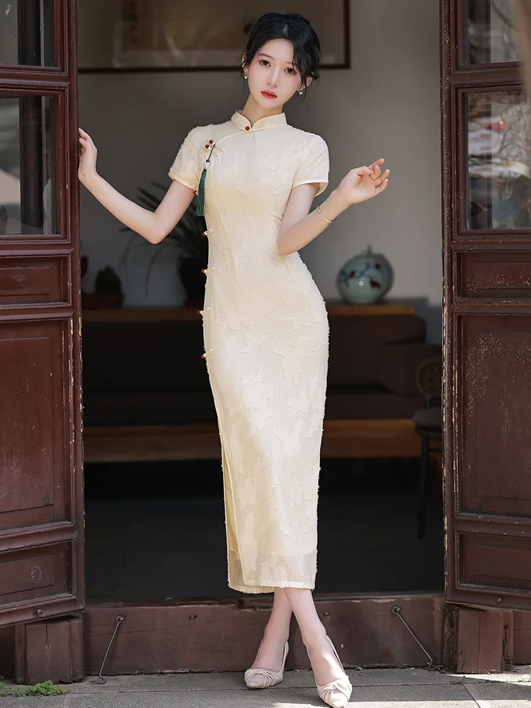 

Champagne Color Long Young Sle Dr Ele Simple Pattern ort Sve High Slit Daily Wear Online Exclusive