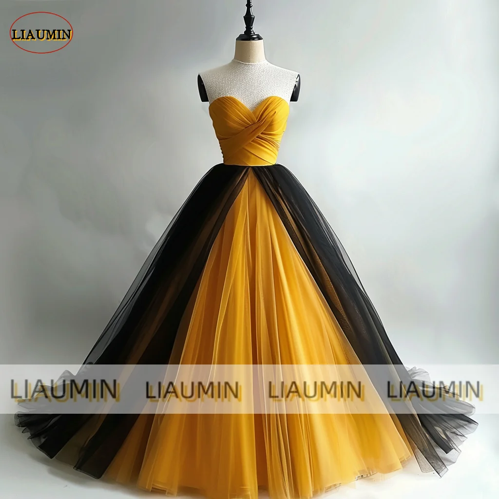 Sur mesure Jaune Noir Tulle Sans Bretelles Une Ligne Book ine Longueur Bal De Mariage Robe Formelle Pour Soirée À Lacets Dos Personnalisé Fait À La Main A1-18