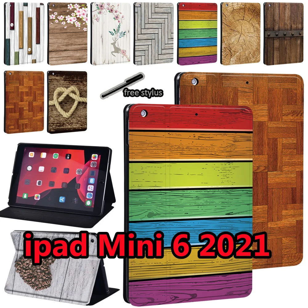 Tablet Cover for Apple for IPad Mini 6 8.3inch 2021 A2567 A2568 A2569 Wood Print Series Pattern PU Leather Stand Protective Case