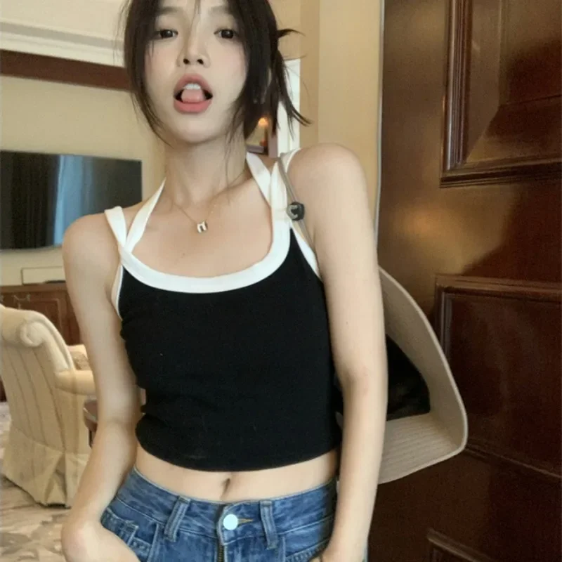 

Камзол женский милый летний мягкий шикарный милый тонкий без рукавов для девочек повседневный уличный стиль крест-накрест Холтер универсальные укороченные эстетические