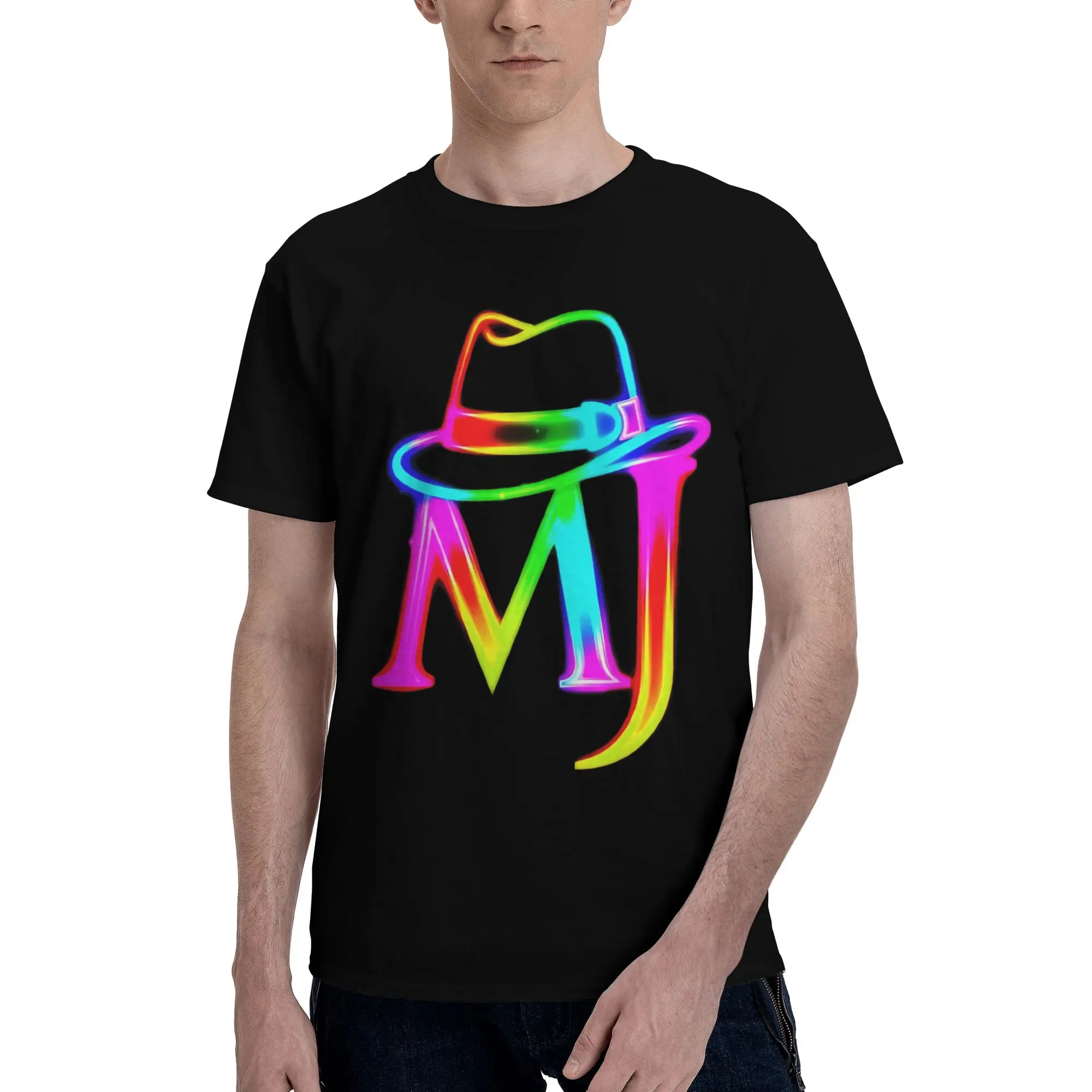 MJ Fedora Neon Glow Dance King Magical Logo Graphic 100% Cotton T-Shirt MJ Tops Tees For Men
