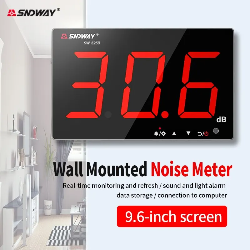 SNDWAY SW-525 30-130dB Digital Sound Level Meter Wall Mounted Noise Decibel Meter dB Detector Professional Decibelimeter