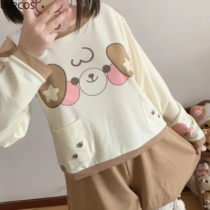Sweet Lolita Style Shorts Set Women Kawaii Cartoon Dog Print Long Sleeves T-shirt Cute Short Pants Suit Japan Gothic Y2k Outfits