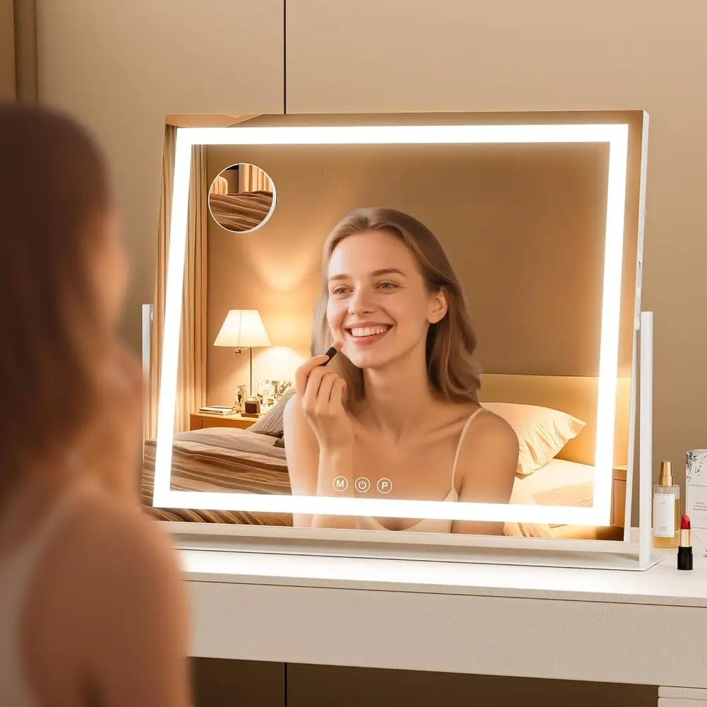 Espejo LED de tocador cuadrado de 26 x 22, luz de 3 colores con pantalla táctil, espejo de maquillaje regulable para escritorio