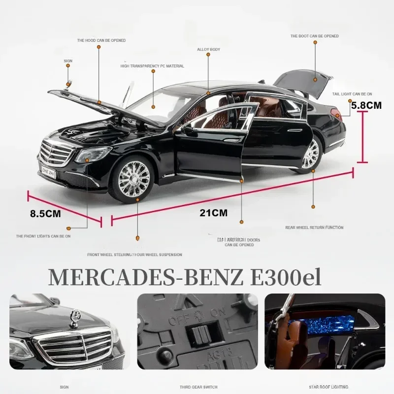 1:24 Mercedes-Benz E300eL Car Model Sound and Light Collective Voiture Miniature Diecasts Toys Vehicles Kids Boys Car Gift