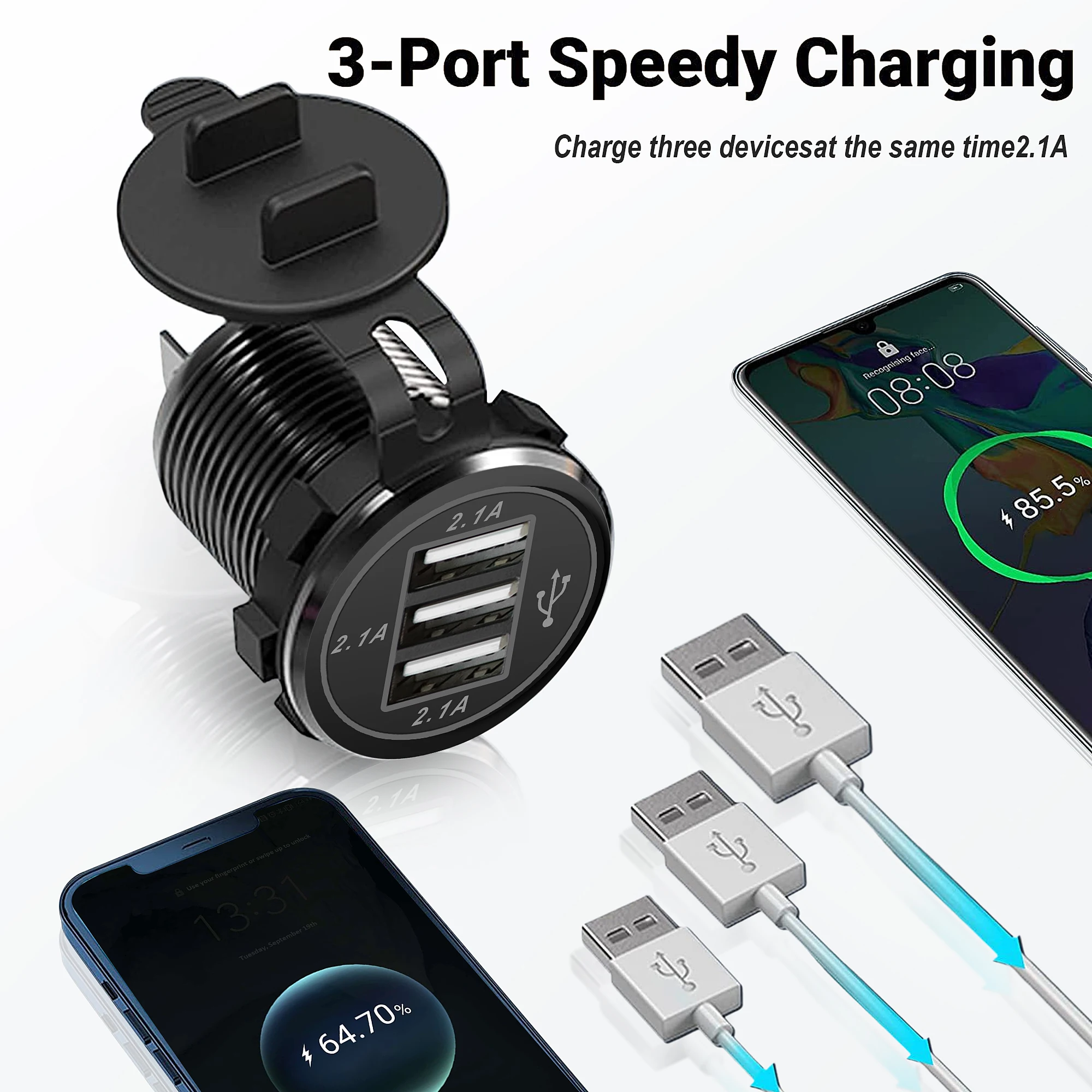 12/24V Three USB Port Car Charger Motorcycle 2.1A Charger Socket Waterproof Fast Quick Charge Adapter for Vehicle Boat Truck