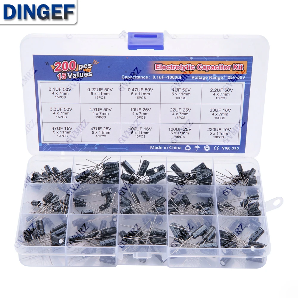 15Values 200pcs Electrolytic Capacitor Organization Storage 0.1-220uF Capacitors Assortment Box Kit