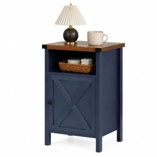 Farmhouse End Table, Nightstand with Barn Door and Shelf,Navy Blue | End Tables,Wooden Sofa Side Table, Modern Bed Side
