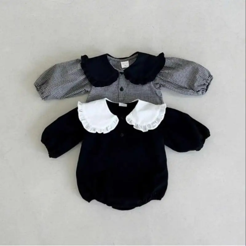 

2025 Autumn New Baby Long Sleeve Plaid Bodysuit Cotton Infant Girl Peter Pan Collar Jumpsuit Newborn Toddler Clothes 0-24M