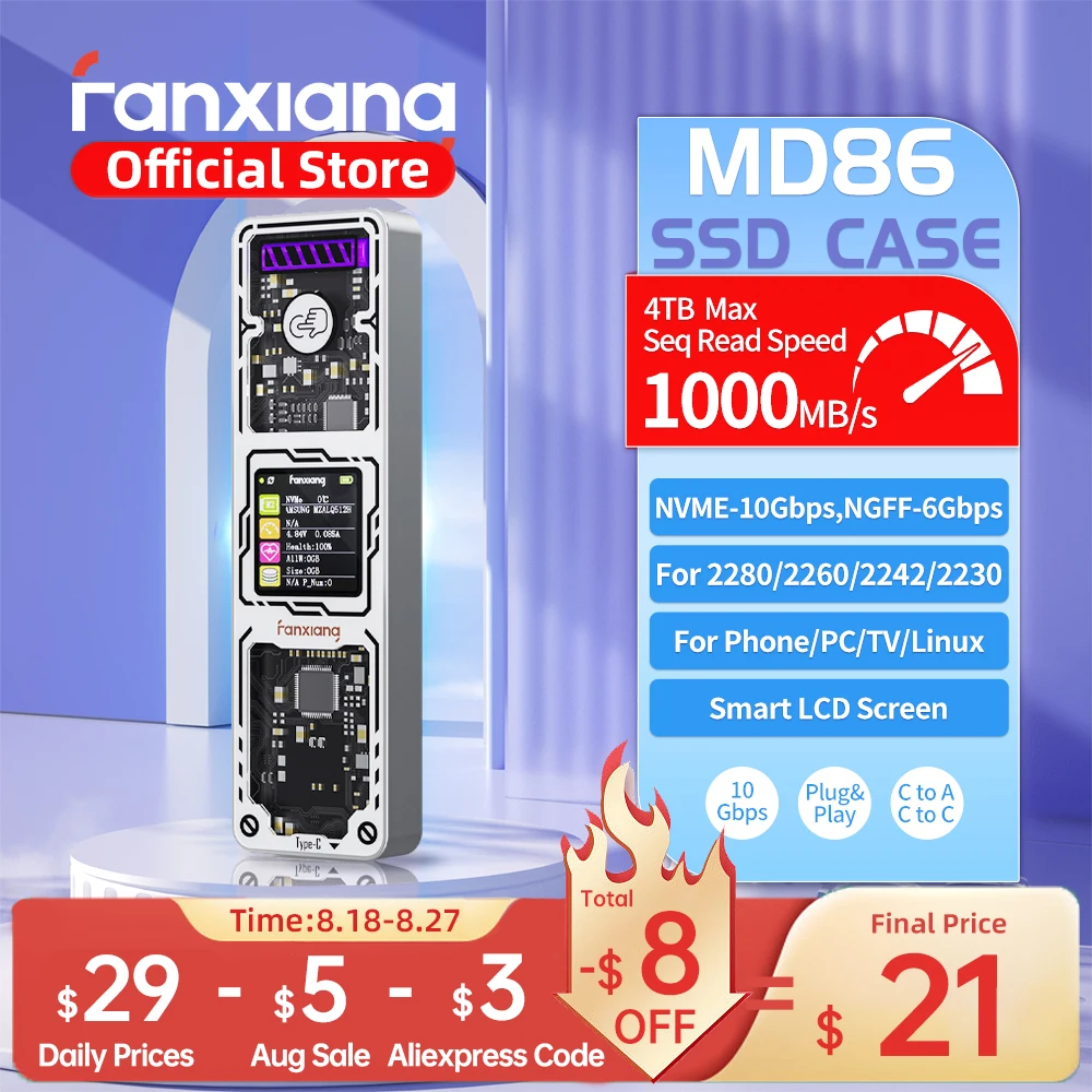Custodia SSD Fanxiang MD86 M.2 Custodia SSD da 10 Gbps NVMe/NGFF-SATA a doppio protocollo USB 3.2 Gen2 Tipo C per scatola disco SSD 2280/2242/2230