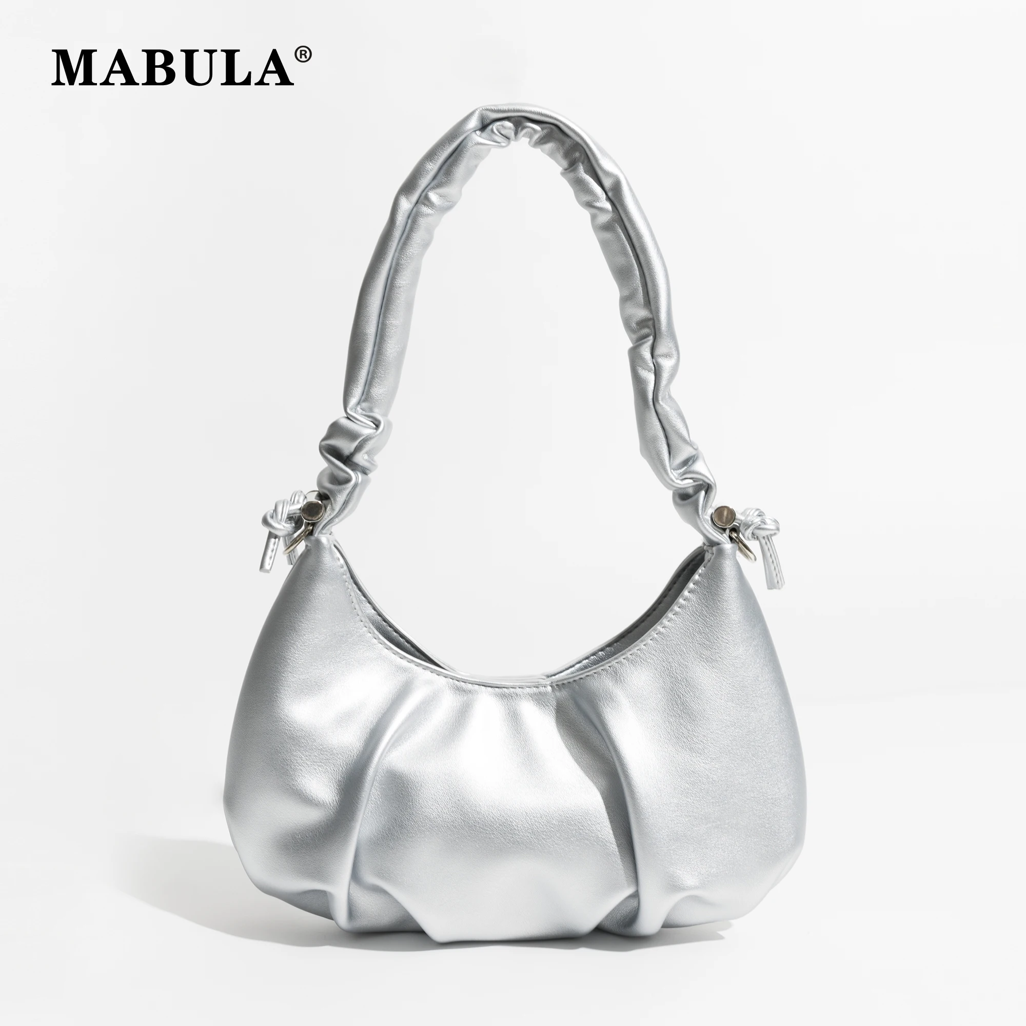 

MABULA PU Leather Woman Tote Handbag Fashion Silver Simple Purse For Female Pleated Drawstring Sling Hobo Bag