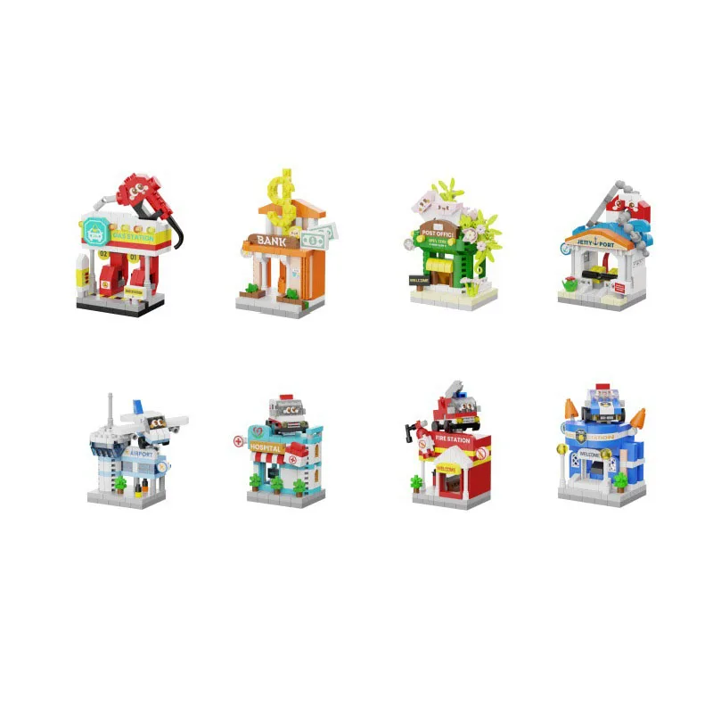 Creativo Micro Diamond Block Street View AirPort Dock Architettura Edificio Mattone Stazione di servizio Banca Ufficio postale Nanobrick Giocattolo