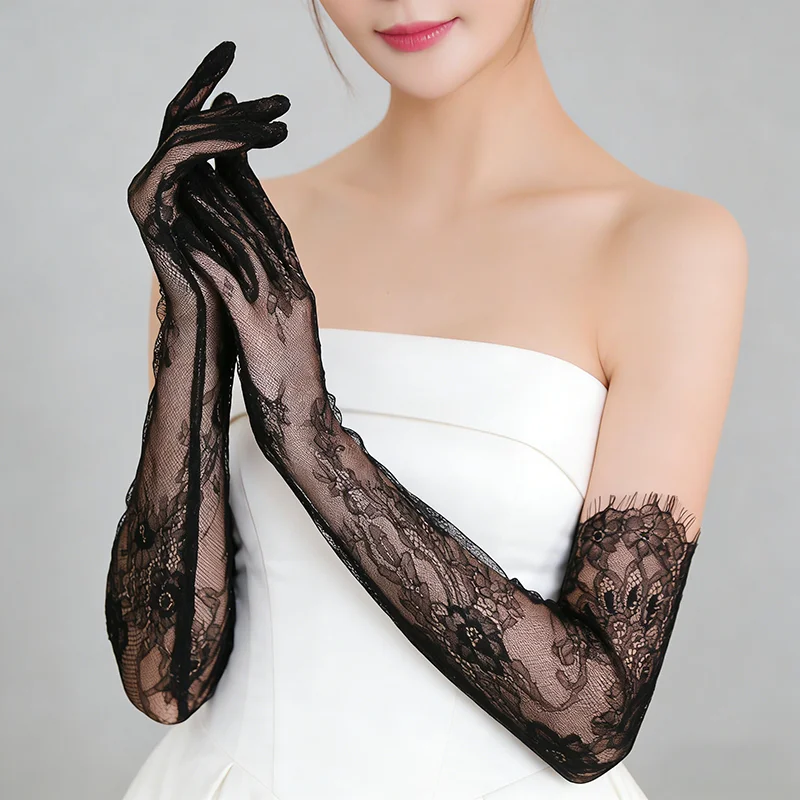Fairy Long Black Lace Gloves Sexy Mesh Hollow Out Bridal Glove Thin Sunscreen Elbow Gloves Wedding Dress Photography Accessories