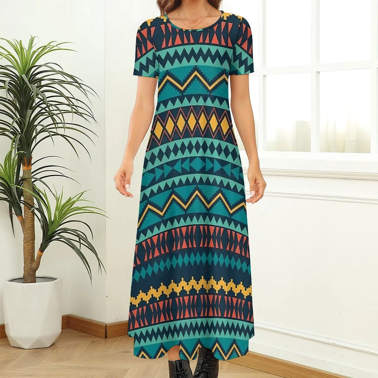 Retro Aztec Art Pattern Dress  Aesthetic Bohemia Long Dresses Women Vintage Maxi Dress Birthday Present