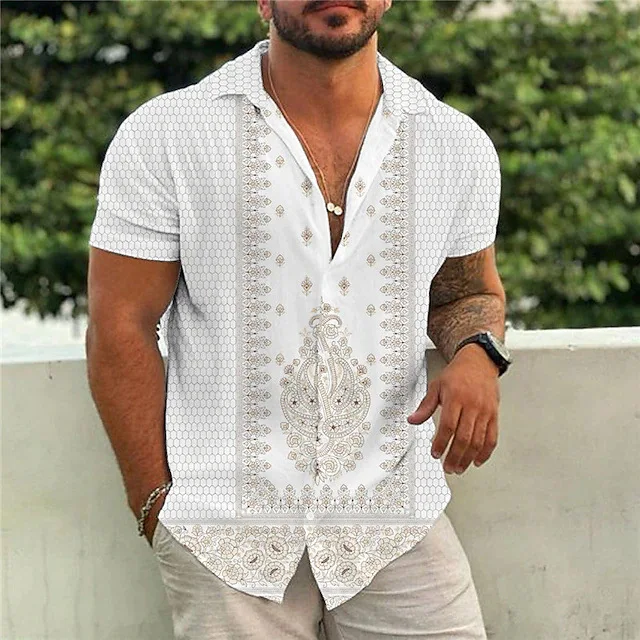 Men's Dark Ethnic Style Striped Breathable 3D Printed Shirt Short-sleeved Lapel Basic Hawaiian Beach Vacation Party Shirt Outer