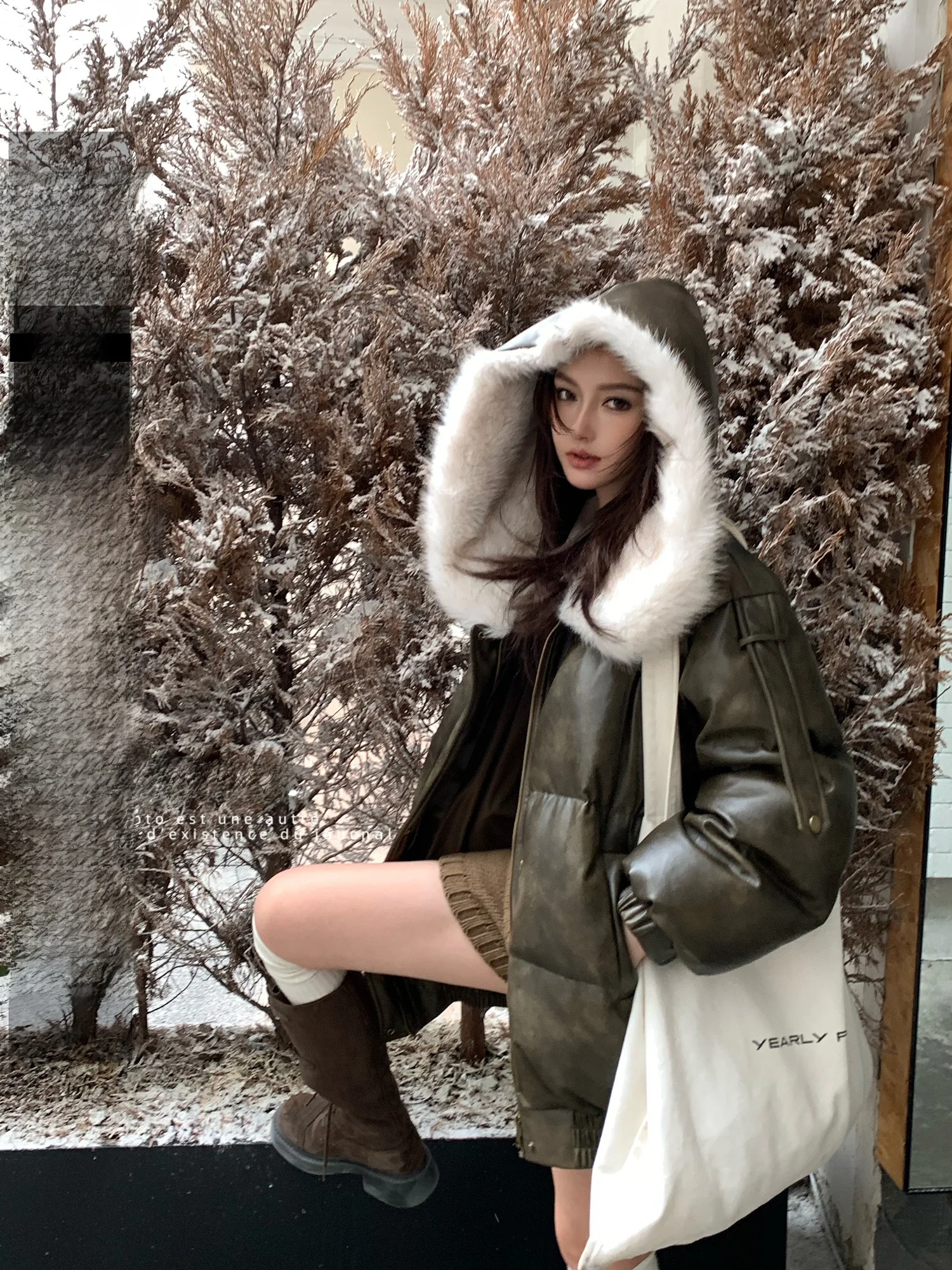 

KAS Women's Puffer Jaet with Hood 90 White Du down Large Fur Collar Warm Casual Loose Sle Winter Outerwear