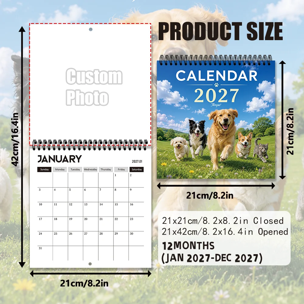 1pc/2pcs  2027 Pet Image Personalization Custom Calendar -  Wall Calendar. Upload 6 photos, Birthday, Christmas,New Year gift