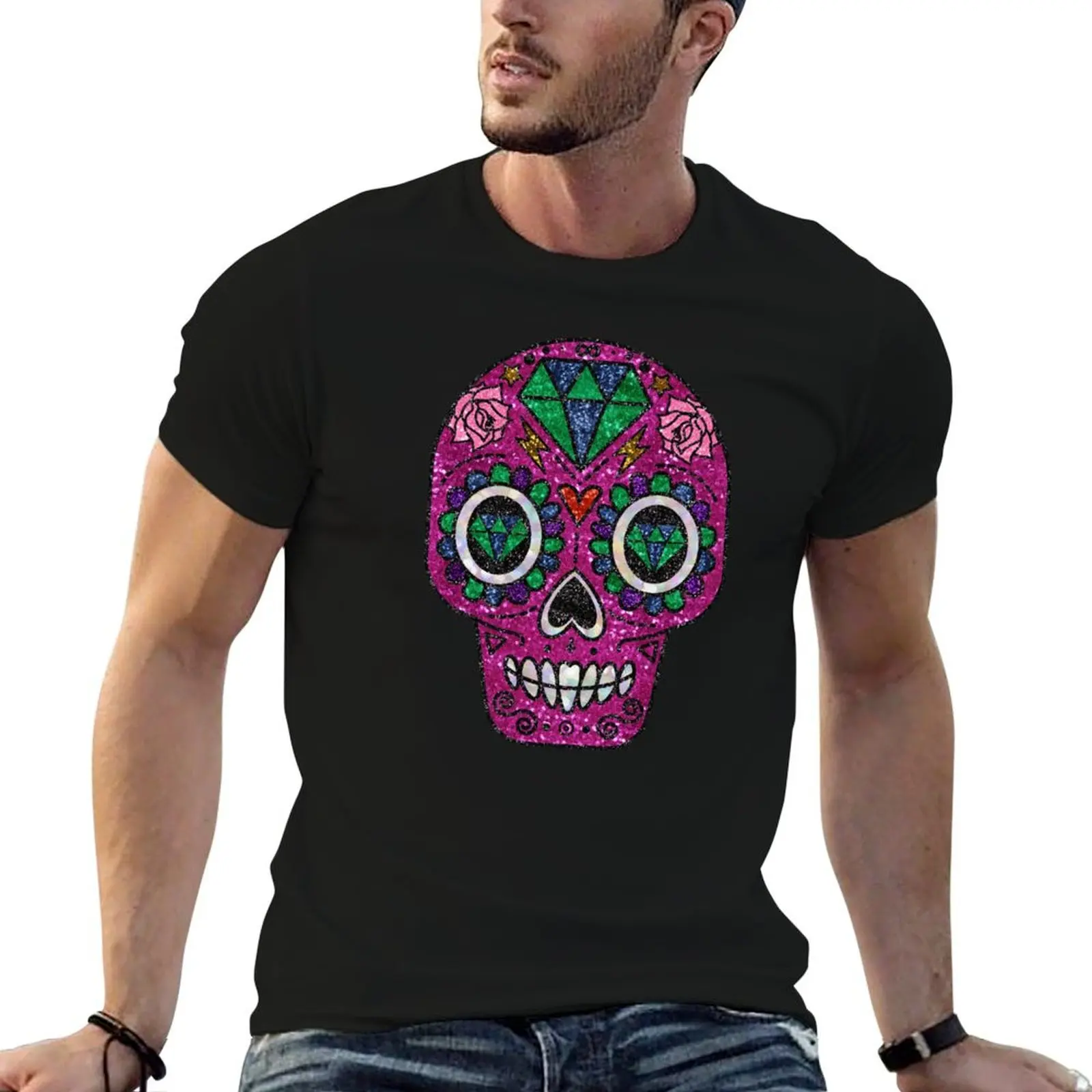 Roze Glitter Suiker Schedel T-shirt Man T-shirt Grafische T-shirts Designer Mannen T-shirt Katoen 100% T-shirt