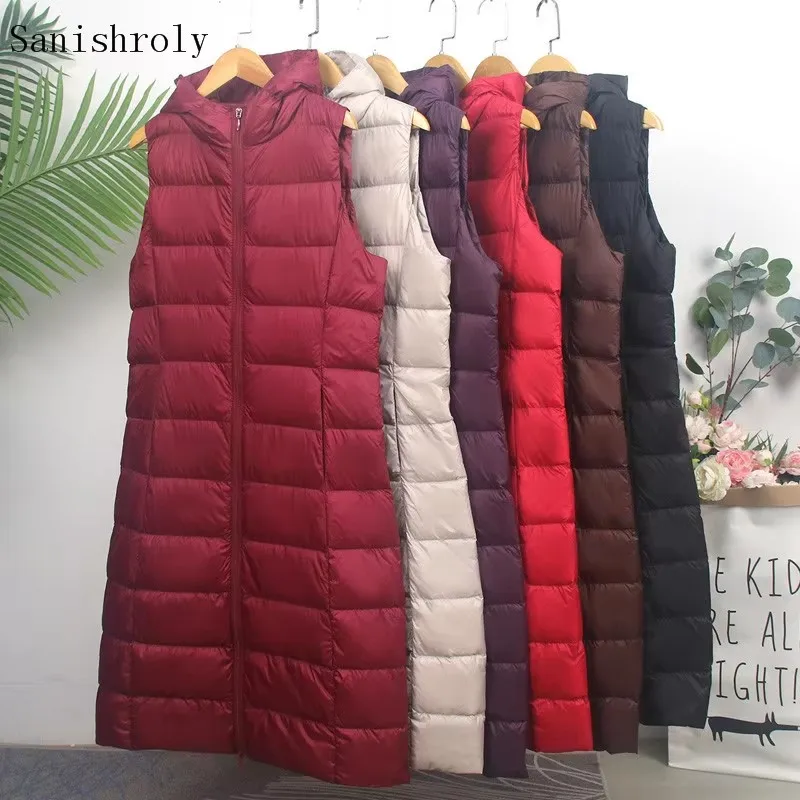 2025 Autumn Winter Women Hooded Down Waistcoat Ultra Light Thin White Duck Down Vest Parkas Female Sleeveless Bigsize Long Tank