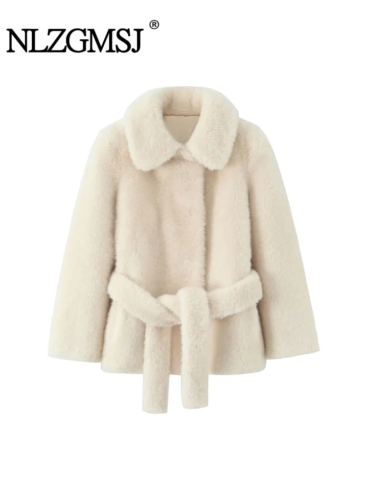 

NLZGMSJ женская осень-зима 2022, новая куртка из искусственного меха с поясом и длинными рукавами, женские уличные свободные теплые женские пальто