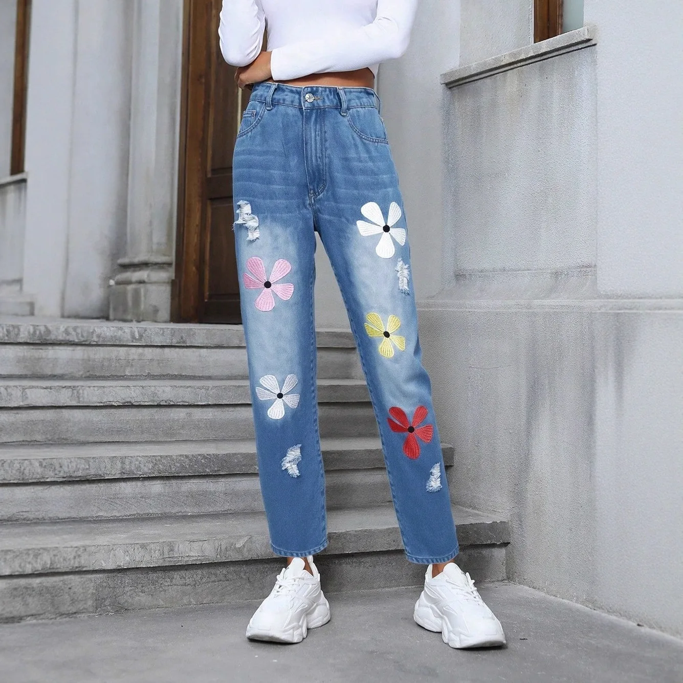 الخريف Y2K خمر زهرة التطريز الجينز للرجال الهيب هوب موضة فضفاض الدينيم السراويل النسائية الشارع الشهير الأزرق مستقيم جان