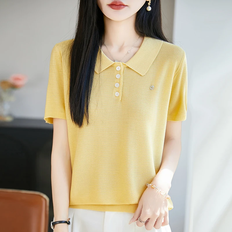 Women's POLO collar T-shirt summer Lyocell knitted short sleeved casual solid color pullover loose top fashionable hot sale