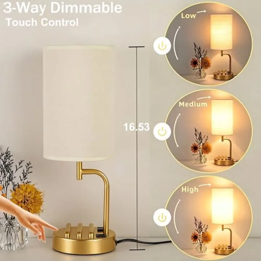 Touch Control USB Table Lamp with USB C/A and AC Outlet, 3-Way Dimmable Bedside Lamp, Modern Nightstand Lamps for Bedroom Livin