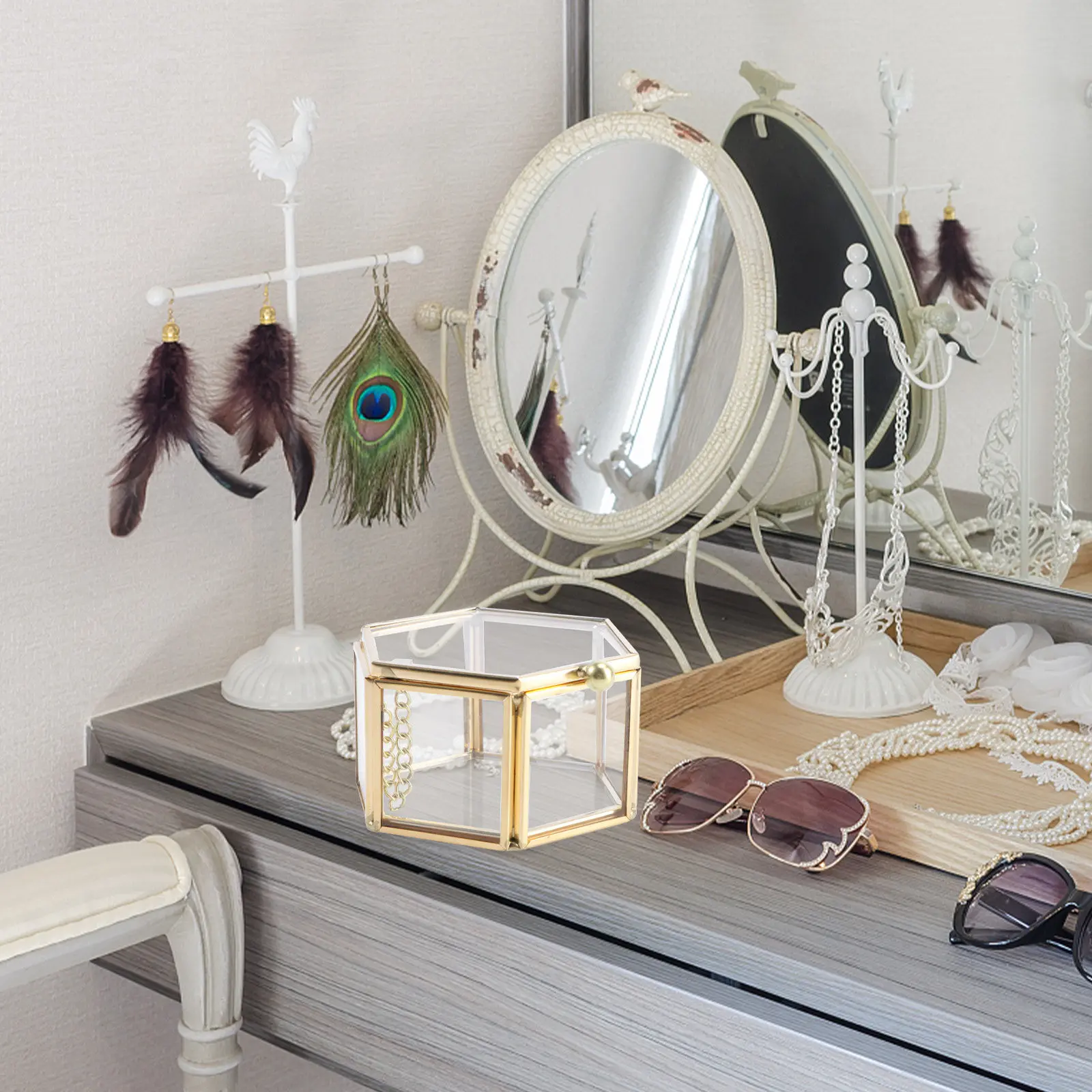 

1Pcs Six-Sided Flip-Top Glass Ring Box Mini Jewelry Organizer Small Ring Storage Holder Compact Delicate Display Case