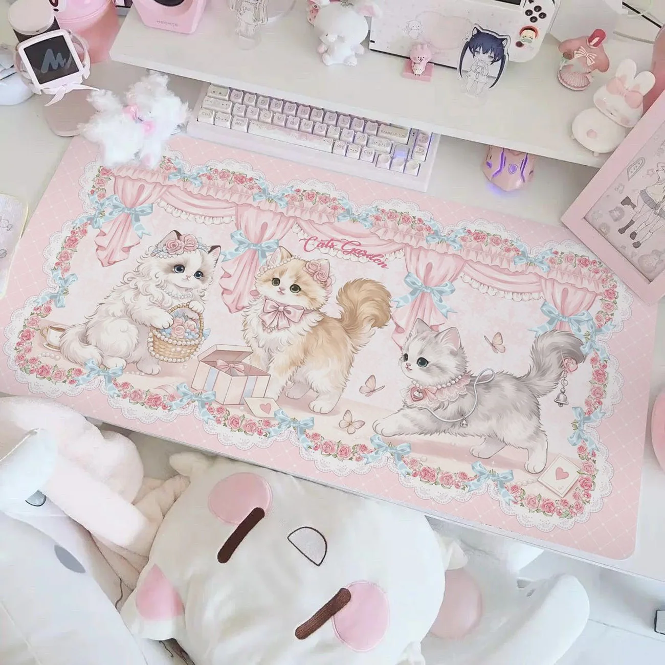 Cute Pink Cat PU Leather Desk Mat Sweet Rose Bow Print Large Mouse Pad Waterproof Non-Slip Table Protector for Girl Gaming Decor